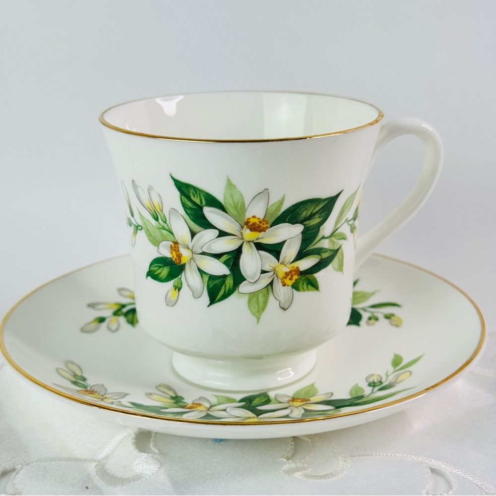 Royal Tuscan Floral White and Green Tea Cup and Saucer Fine Bone China England